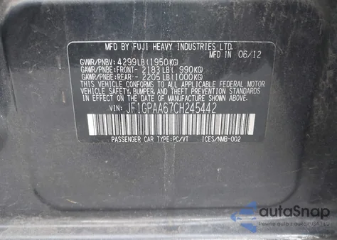 2012 Subaru Impreza 2.0I z USA, uszkodzony, nr VIN JF1GPAA67CH245442